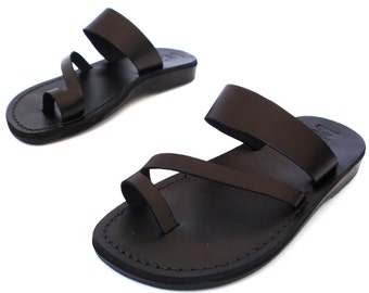 Black Leather Sandals for Women, Ladies' Classic Summer Everyday Comfortable Shoes, Unique Flats Flip Flops Open Toe Sandals, MARIANO