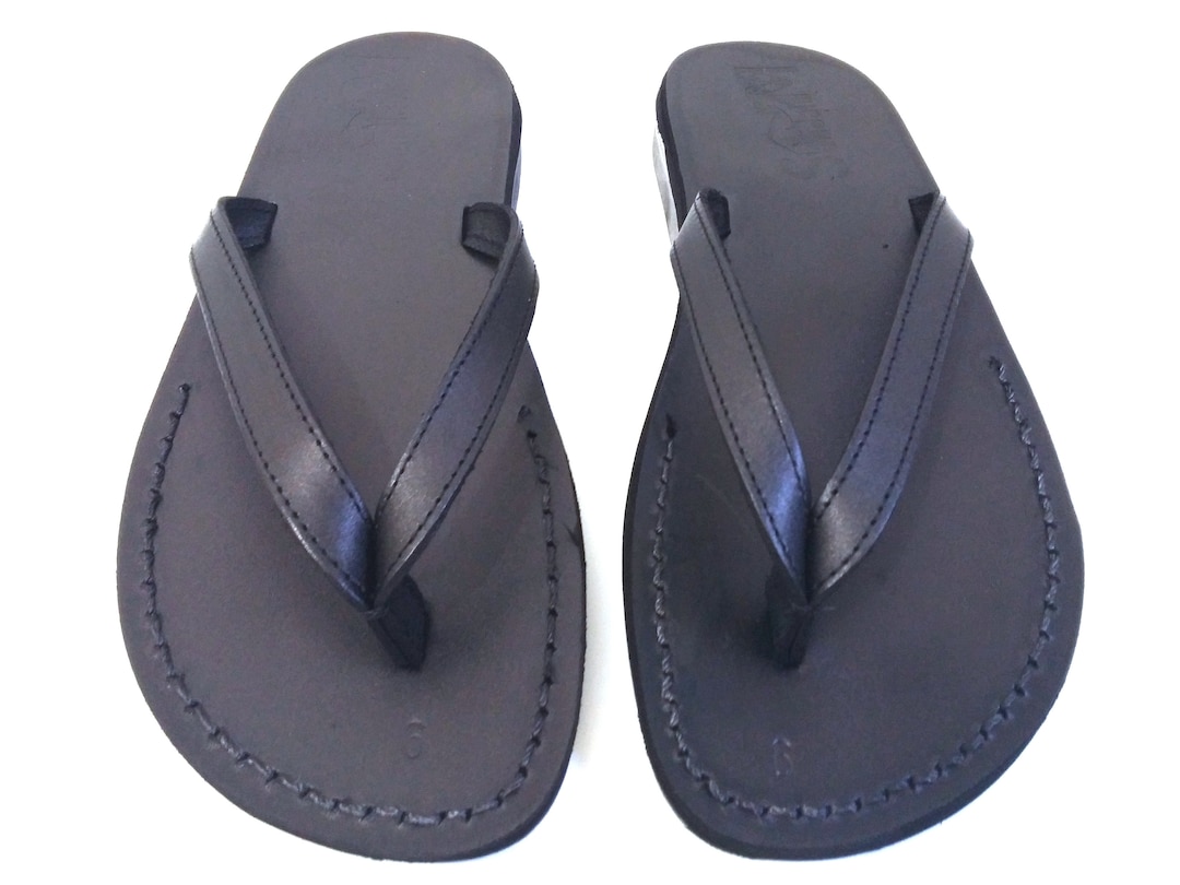Black Genuine Leather Flip Flops Sandals for Women Ladies Everyday