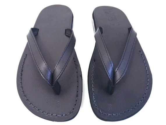 Black Genuine Leather Flip Flops Sandals for Women, Ladies