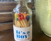 It 39 s a BOY - 2 quot Apothecary Matches in Glass Jar - Matches - Matchstick - 50 Colored Tip Matches