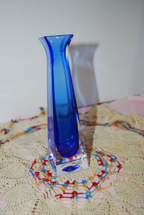 Cobalt Blue Square Vase Crystal Sommerso Style Bud Vase Etsy
