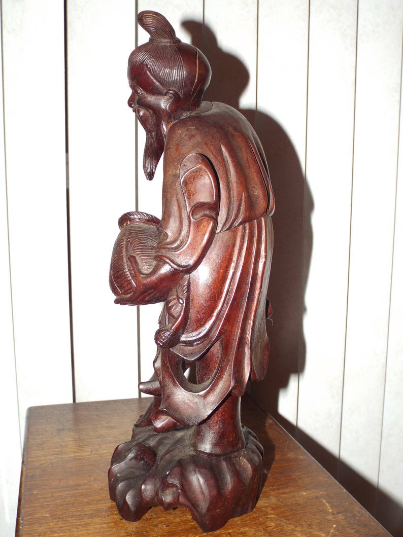 Antique Chinese Fisherman Old Bearded Man Wood Statue Etsy