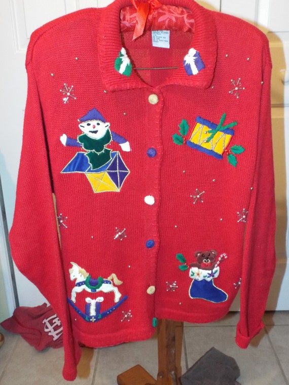 Christmas Cardigan Sweater, Vintage Ugly Christma… - image 1