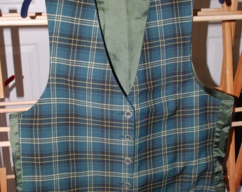 Vintage Green Plaid Polyester Vest Reversible