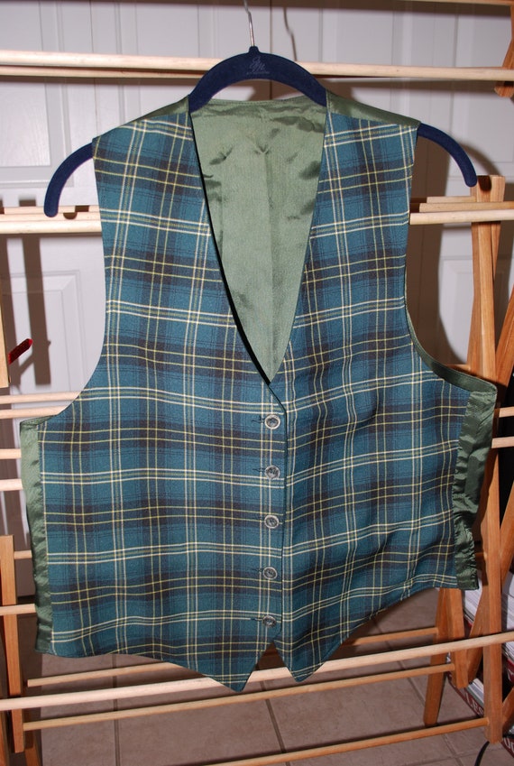 Vintage Green Plaid Polyester Vest Reversible