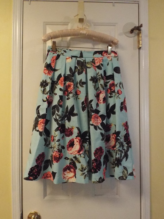 Romantic Rose Midi Skirt, Pink and Blue Boho Skirt