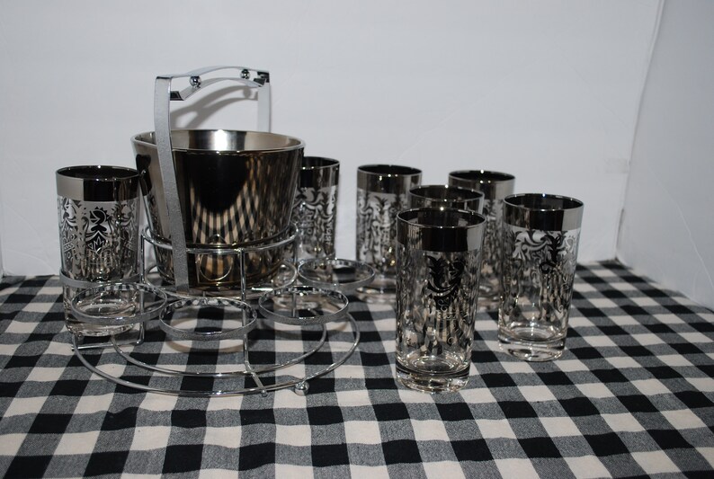Medieval Knight Glass Set MCM Vintage Barware Silver Crest Etsy