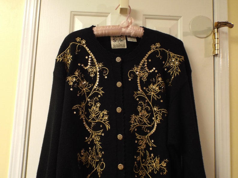 90s Black Cardigan Sweater Size 2P Gold Embellishments Holiday Sweater