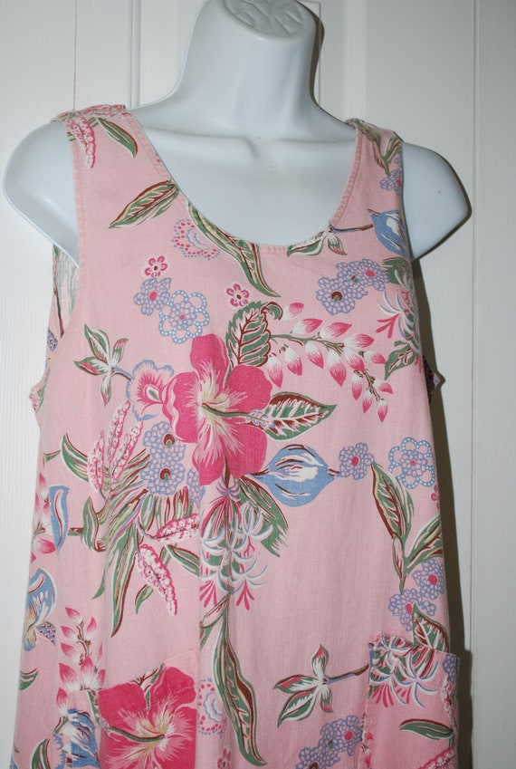 Women's Maxi Dress Boho Vintage Pink Floral Linen… - image 1