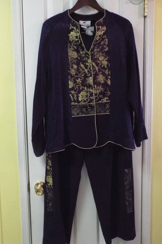 1970s Pantsuit, Purple Lace Satin 3-Piece Size XL,