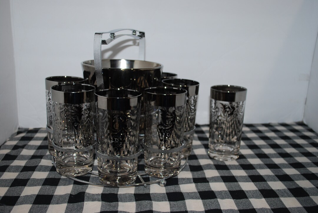 Medieval Knight Glass Set MCM Vintage Barware Silver Crest Etsy
