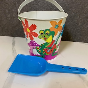Vintage Ohio Art Sand Pail: Musical Frogs And Mushrooms Beach Bucket with Shovel