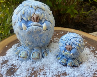 Snowballs and mini Yetis- Made to order sculpture.  Sasquatch snowball yeti sculptures