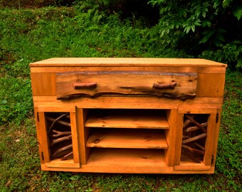 Rustic Wood Media TV Console Sideboard Table with Mountain Laurel Adirondack Doors w Live Edge Drawer Log Cabin Furniture gold FREE SHIPPING