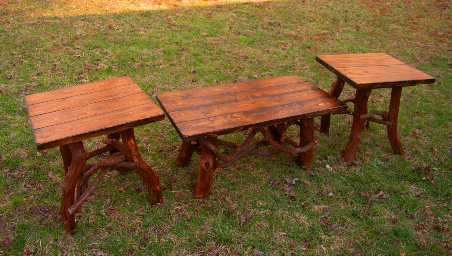 Rustic Handmade Coffee Table and End Table Set Log Cabin Adirondack Furniture by J. Wade, Brown