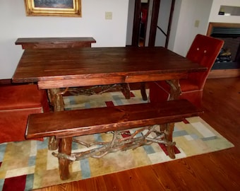 Rustic Red Pine Dining Table and bench set Log Cabin Adirondack Furniture by J. Wade,