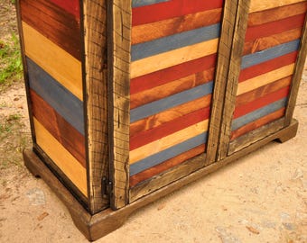 Rustic Cabinet with Multi Colored Doors Log Cabin Furniture Art Calico pieceFREE SHIPPING