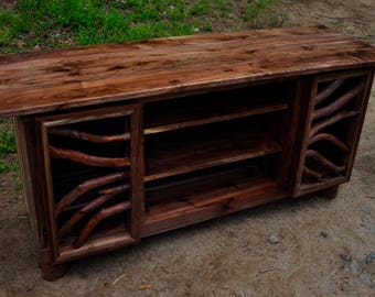 Log TV Media Entertainment Center Sideboard Rustic Walnut Wood Table Cabin Adirondack Furniture by J. Wade