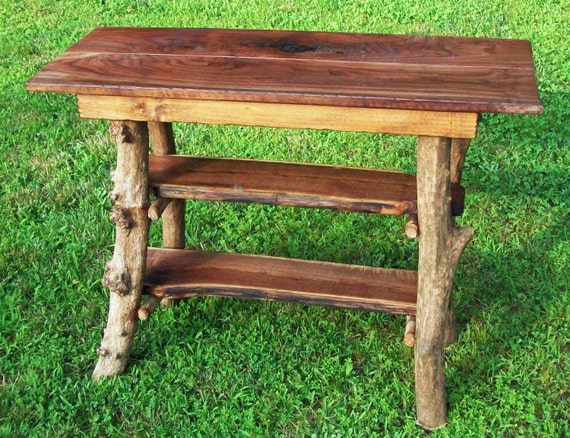 Rustic Walnut Wood Console Sofa Table, Rustic Log Furniture Shelves