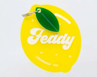 Glitter Green Acrylic /'Main Squeeze/' Personalized Lemon Pet ID Charm in Pastel Yellow Custom Dog Tag /& Cat Tag
