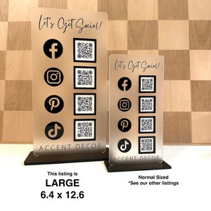 LARGE QR Code Display Sign Acrylic, Social Media Sign, Four Codes, SIZE 6.4 x 12.6 inches