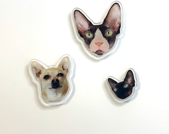 May include: Three clear acrylic pet portraits, each featuring a different animal. The first portrait is of a brown and white cat with green eyes. The second portrait is of a tan and white dog with brown eyes. The third portrait is of a black cat with blue eyes.