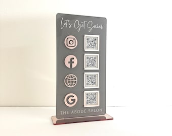 QR Code Display Sign Acrylic, Let’s Get Social, Social Media Sign, Four Codes, SIZE 4.5x9