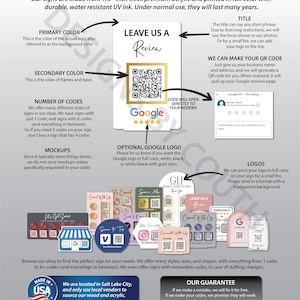 K&ouml;nnte beinhalten: Werbeschild mit dem Text &bdquo;LEAVE US A Review&ldquo; und einem QR-Code f&uuml;r Google-Bewertungen. Das Bild zeigt Beispiele f&uuml;r verschiedene Firmenschilder mit QR-Codes und Logos. Die Schilder sind aus Acryl und in Farbe bedruckt.