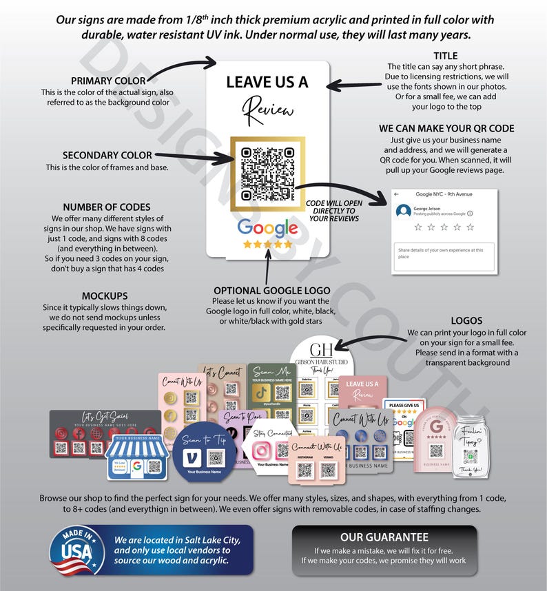 K&ouml;nnte beinhalten: Werbeschild mit dem Text &bdquo;LEAVE US A Review&ldquo; und einem QR-Code f&uuml;r Google-Bewertungen. Das Bild zeigt Beispiele f&uuml;r verschiedene Firmenschilder mit QR-Codes und Logos. Die Schilder sind aus Acryl und in Farbe bedruckt.