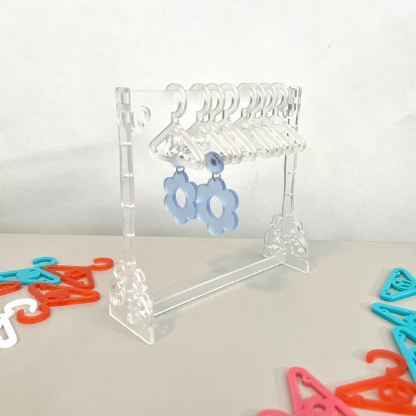 Earring Rack Earring Hanger Displays with 6 Mini Hangers - Frosted Acrylic Earring Holder - Miniature Clothing Rack for Earrings