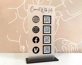 QR Code Display Sign Acrylic, Let’s Get Social, Social Media Sign, Four Codes, SIZE 4.5x9