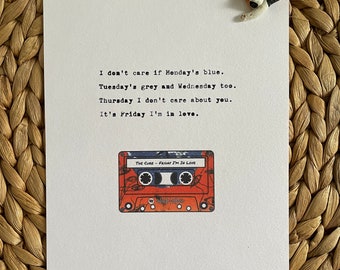Friday I'm In Love Lyric Print, Hand Typed Typewriter Art, 90s Nostalgia Wall Decor, Indie Music Gift, Minimalist A5 Artwork