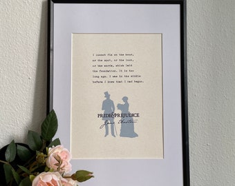 Jane Austen, I Cannot Fix On The Hour, Mr Darcy, Pride and Prejudice, HandTyped Quote, Home Decor, Wall Art, Typewriter Literary Print