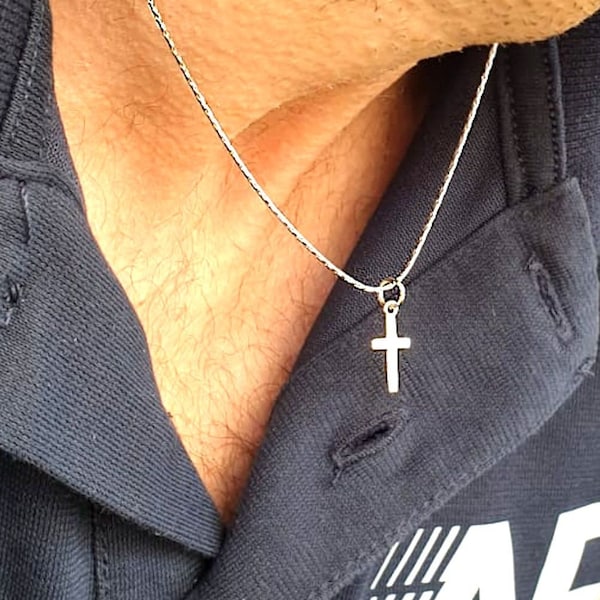 Mens Cross Necklace, Small Cross Necklace for Men, Silver Cross Pendant, Mens Necklace, Minimalist silver cross pendant Mens Birthday Gift