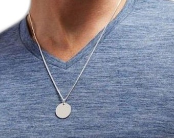 Custom Mens Necklace, Boyfriend Gift, Personalized Mens Jewelry Round Sterling Silver Pendant Engraved Disc pendant Husband Gift for Him