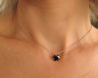 Black Diamond Solitaire Necklace, Onyx Dainty Black Cubic Zirconia Pendant 5mm, Sterling Silver Necklace, Birthday Gift, Gothic necklace