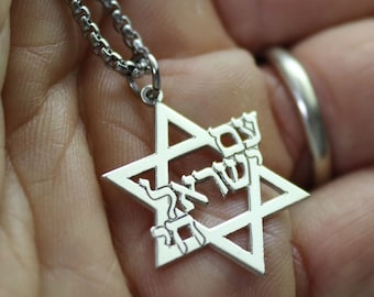 Collar Am Yisrael Chai - Estrella de David Colgante Hombres - Joyería judía artesanal - Colgante judío de plata de ley - Collar de letras hebreas