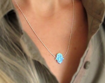 Opal Hamsa Necklace, Jewish Gift for Her, Jewish Girl Gift, Jewish Lucky Pendant, Evil Eye Jewelry, Hanukkah Gift, Blue Hamsa Pendant