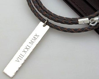 Roman Numerals Date Necklace for Men Personalized Mens Necklace. Braided Leather Necklace. Anniversary Gift Fathers Day Gift for men