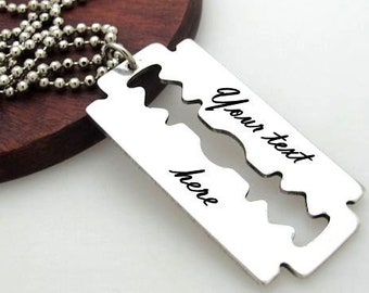 Engraved Razor Blade Pendant, Custom Mens Necklace, Boyfriend Birthday Gift, Personalized Mens Jewelry, Rustic Necklaces for Men