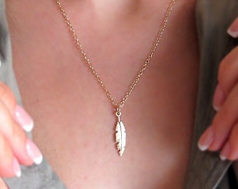 Gold Feather Necklace Minimalist Feather Pendant Gift for her Dainty Necklace Delicate Jewelry layer necklace layering necklace Gold Filled