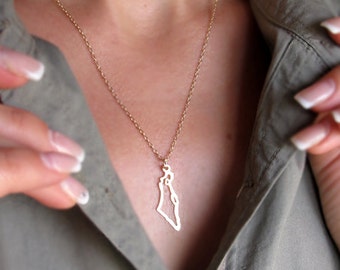 Gold Israel Map Necklace Jewish Gift for Her Israel Shaped Pendant Holy land Jewelry Jewish Necklace Israeli Hebrew Map of Israel Charm