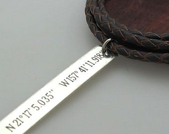 Coordinates Necklace, Men Leather Braided Cord, Mens Jewelry, Personalized Boyfriend Gift, Latitude Jewelry Groomsmen Gift him