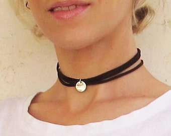 Personalized Leather Choker, Black Leather Wrap Choker, Custom Boho Choker, Gift for Her, Silver Disc Choker With Name. sexy Fashion Jewelry