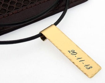 Date Engraved Leather Necklace, Personalized Gold Pendant for Him, Mens necklace, Custom Unisex Jewelry. Mens Jewelry Fathers Day Gift