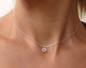 Collar de solitario, gargantilla con colgante de diamantes, regalo del día de las madres, collar de cristal, collar delicado CZ de plata de ley, regalo de cumpleaños para ella