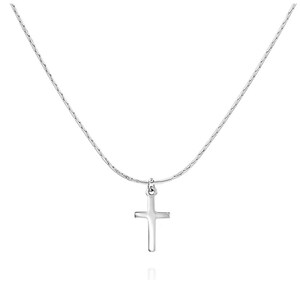 May include: A silver-toned necklace featuring a simple, smooth cross pendant suspended from a delicate, textured chain. The metal has a polished, reflective finish, and the cross is attached to the chain by a small, circular jump ring.
