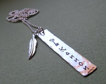 Hammered Name Necklace, Feather Charm Pendant, Vertical Bar Pendant, Personalized Gift, Feather Necklace Birthday Gift for Him