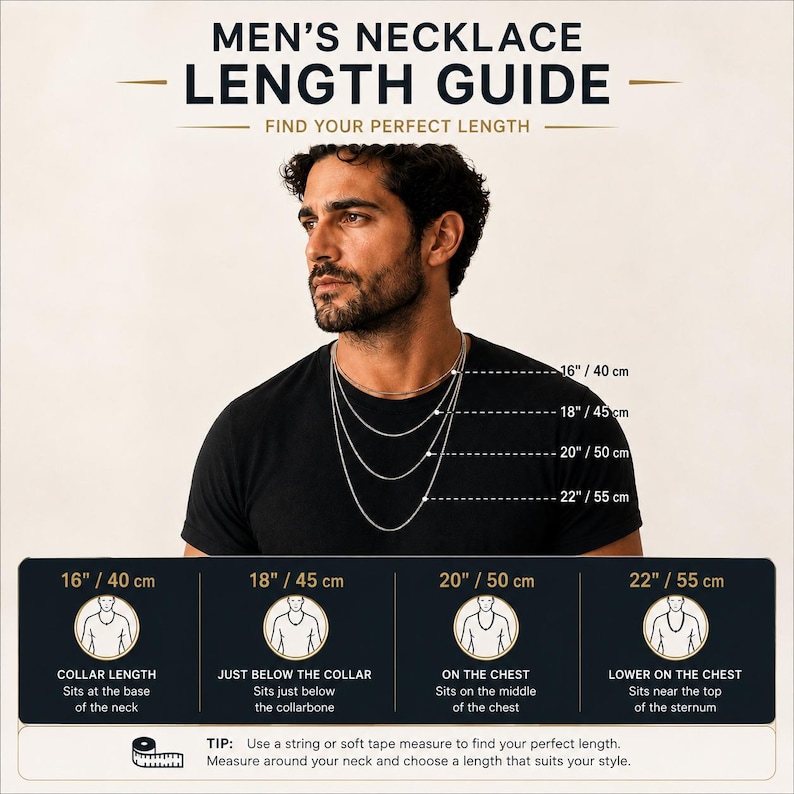 May include: A necklace length guide featuring text that reads MEN'S NECKLACE LENGTH GUIDE and FIND YOUR PERFECT LENGTH. It displays four chain lengths at 16, 18, 20, and 22 inches, with corresponding descriptions for collar, chest, and sternum placement.