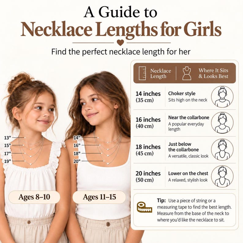 May include: An informational chart titled A Guide to Necklace Lengths for Girls. It displays two children wearing layered necklaces with lengths labeled 13, 15, 17, 19, 14, 16, 18, and 20 inches. A table lists lengths from 14 to 20 inches with descriptions.